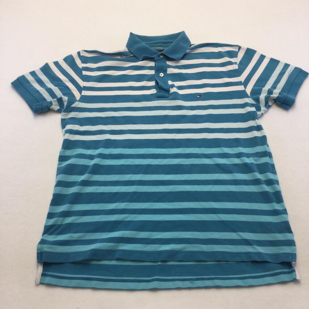 Tommy Hilfiger Polo Shirt Mens Large Blue Striped Cotton Short Sleeve Logo